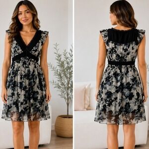 Leon Max Limited Edition Dress Medium Black White Silk Floral Ruffle A103Y54